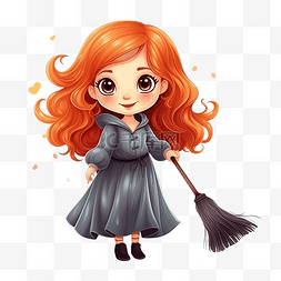 矢量微笑的女孩图片_可爱的红发小女巫，拿着扫帚魔法