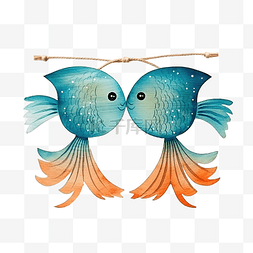 两条鱼儿图片_装饰水彩木板形状像两条鱼尾巴