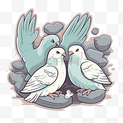 两只白鸽栖息在两块岩石上的插图