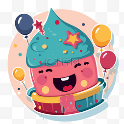 卡通纸杯蛋糕背景上有气球和闪闪