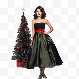 穿着礼服的美女图片_穿着鸡尾酒礼服和圣诞树的美丽黑