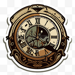 钟面复古图片_带有鸟钟设计的怪异老式时钟贴纸