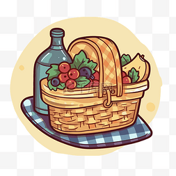 卡通野餐篮图片_野餐桌上放着水果和瓶子的野餐篮