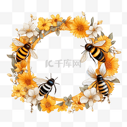 蜂窝圆图片_蜜蜂和花卉圆框彩色png插图