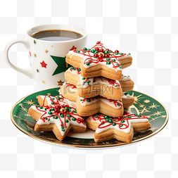 一杯热咖啡图片_浓缩咖啡和一堆圣诞星饼干，上面