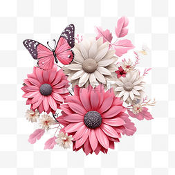 3d 渲染母亲节鲜花与蝴蝶