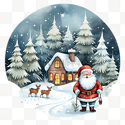 圣诞老人和雪屋图片_美丽的圣诞贺卡，上面有圣诞老人
