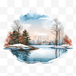 海报风景图片_冬季树木和冰冻湖泊的冬季风景插