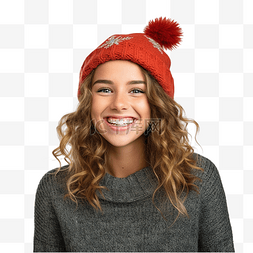 科技利用图片_庆祝圣诞假期的女孩看着镜头微笑