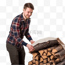 壁炉木柴图片_圣诞节主题一个年轻人把木柴放进