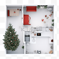室内设计窗图片_带有红色圣诞装饰品的厨房圣诞树