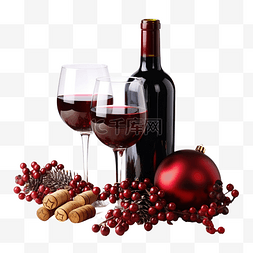 玻璃酒瓶图片_木桌上的红酒和圣诞装饰品
