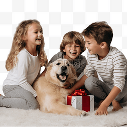 男孩和狗玩耍图片_快乐的姐妹和兄弟在装饰好的圣诞