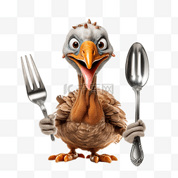 刀和叉子图片_一只火鸡拿着勺子和叉子跑去参加