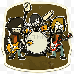 摇滚乐队图片_描绘三人乐队演奏鼓的贴纸剪贴画
