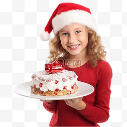盘子上的蛋糕图片_戴着红色圣诞老人帽子的圣诞女孩