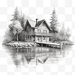 湖边的图片_湖边的木屋线条艺术插画