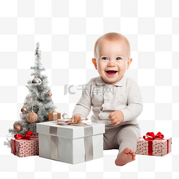 开心的小婴儿图片_带礼品盒圣诞树和壁炉的有趣婴儿