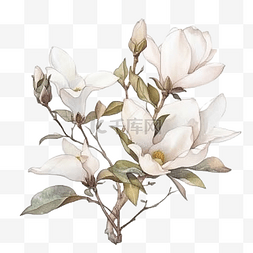 白色的花水彩图片_水彩白玉兰花叶枝花束