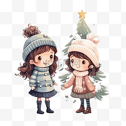 冬季森林里的两个女孩靠近一棵装