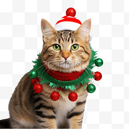 绿色衣服的猫图片_头上有红色装饰的绿色圣诞花环猫