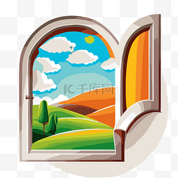 卡通窗户风景图片_一个打开的窗户的图像，可以看到