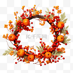 秋天枫叶落图片_感恩节花环配南瓜和罗文浆果