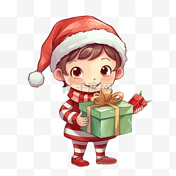 穿著聖誕服裝的卡通小男孩拿著禮