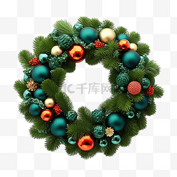 圣诞花环装饰绿松叶带彩球
