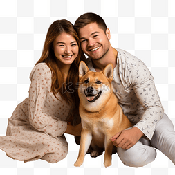 秋田犬西装图片_年轻快乐的夫妇在家里拥抱可爱的
