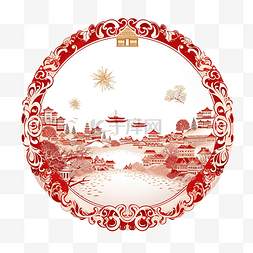 带有中国边框装饰风格插画的圣诞
