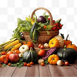 感恩节，餐桌上摆着水果和蔬菜，