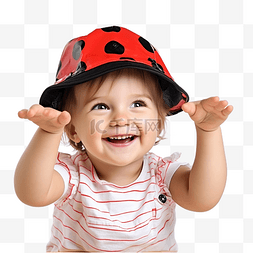 快乐的孩子玩孤立的瓢虫帽子