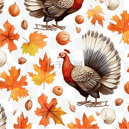 无缝矢量图案与火鸡和秋叶纹理织