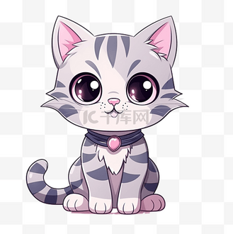 猫可爱的粉红色鼻子和耳朵和大眼睛坐在一起良好的情感涂鸦和卡通艺术