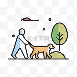 矢量人的轮廓图片_在自然公园遛狗的人的线条图标 