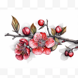 樱花彩页图片_树枝上盛开的红樱花手绘插画