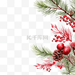 简单的圣诞图片_圣诞红，角落里有松枝和雪花