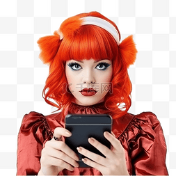 人们玩手机图片_一个戴着红色假发穿着万圣节服装