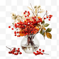 松果和叶子图片_感恩节的中心装饰品，玻璃花瓶里