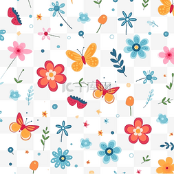可爱的现代无缝图案与花朵和蝴蝶