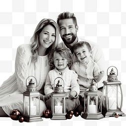一家人黑白图片_拿着灯笼在圣诞树上摆姿势的幸福