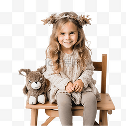 小鹿圣诞主题图片_快乐可爱漂亮的小女孩坐在复古木
