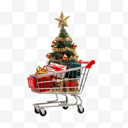 手推购物车图片_有圣诞树和微型礼品盒的购物车