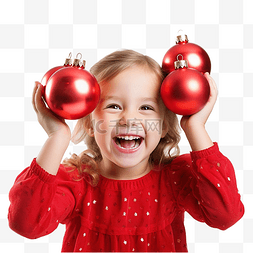 圣诞节小女孩图片_快乐的小女孩把圣诞球放在耳朵上