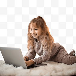 科技電腦图片_小女孩拿着笔记本电脑躺在圣诞树