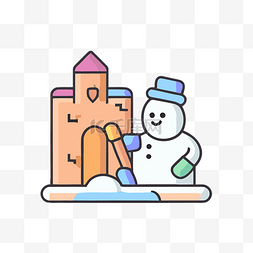 像素城堡图片_带有雪人和彩色城堡的图标 向量