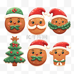 卡通圣诞饼干图片_姜饼脸与不同的配件圣诞饼干冬季