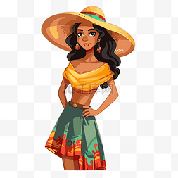 拉丁剪贴画卡通墨西哥女人戴着宽