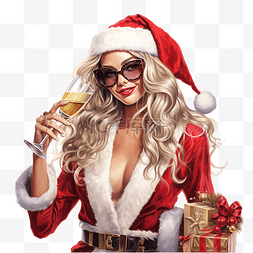 带蝴蝶结的女孩图片_圣诞圣诞老人女孩带着礼物和香槟